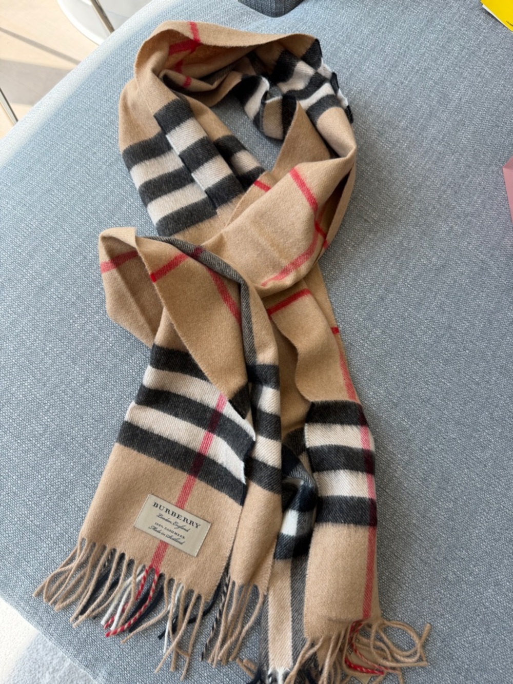 Burberry Tan Classic Check Wool Scarf with Black, White & Red Stripes Authentic